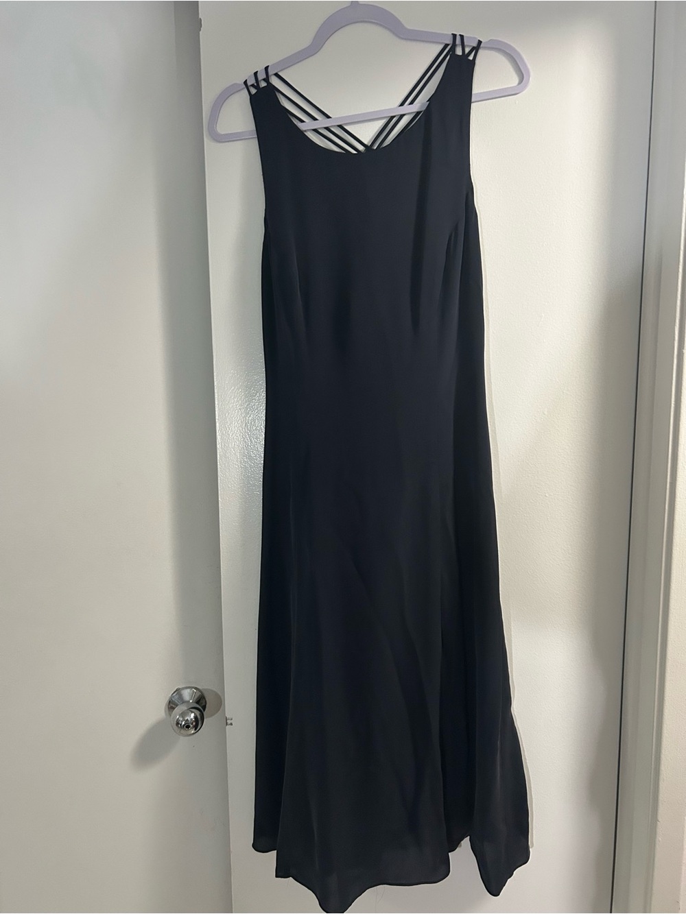 SHANI Silk Dark Blue Evening Dress A-silhouette round neckline back thin straps